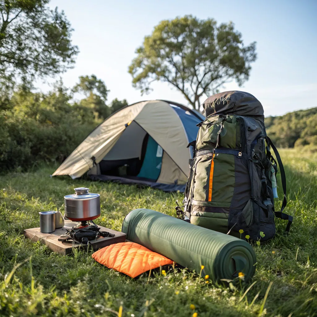 Assorted camping gear laid out in nature.